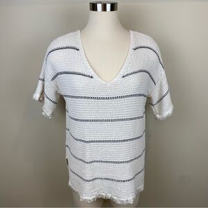Lou & Grey Fringe Short Sleeve Pull Over Open Knit Striped Sweater Size S Cream